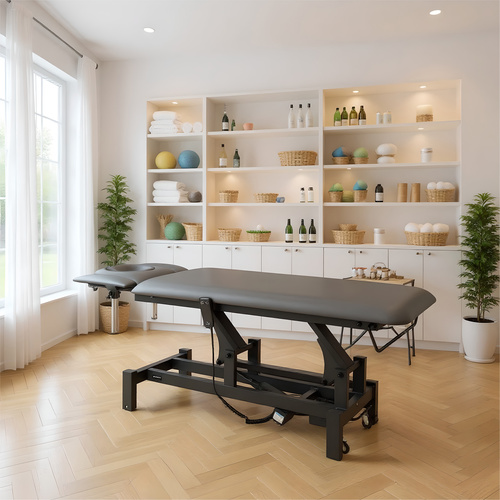 Stół rehabilitacyjny, do masażu, elektryczny Fortis 2 Ergo - pilot ręczny, szaro czarny