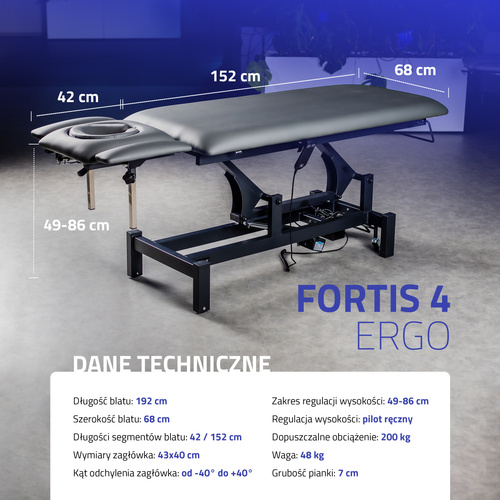 Stół rehabilitacyjny Fortis 4 ERGO, elektryczna regulacja, pilot ręczny, poduszka ERGO, kółka