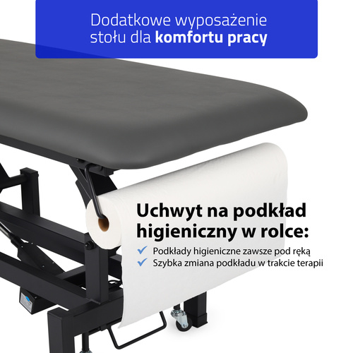 Stół rehabilitacyjny Fortis 4 ERGO, elektryczna regulacja, pilot ręczny, poduszka ERGO, kółka