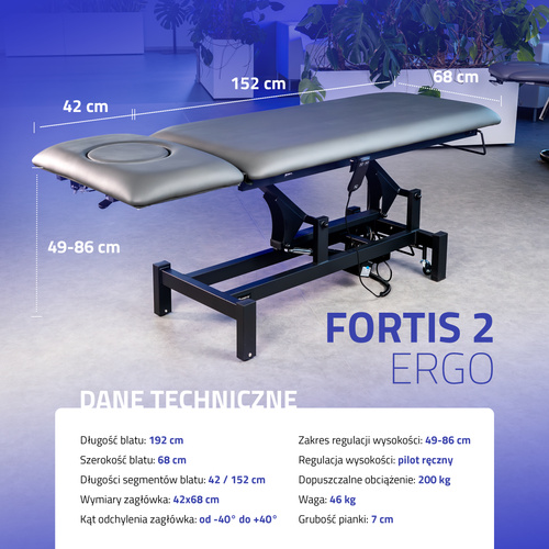 Stół rehabilitacyjny Fortis 2 ERGO,  elektryczna regulacja, pilot ręczny, poduszka ERGO, kółka