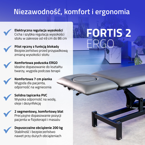 Stół rehabilitacyjny Fortis 2 ERGO,  elektryczna regulacja, pilot ręczny, poduszka ERGO, kółka